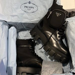 Prada monolith leather & nylon lug sole combat boot